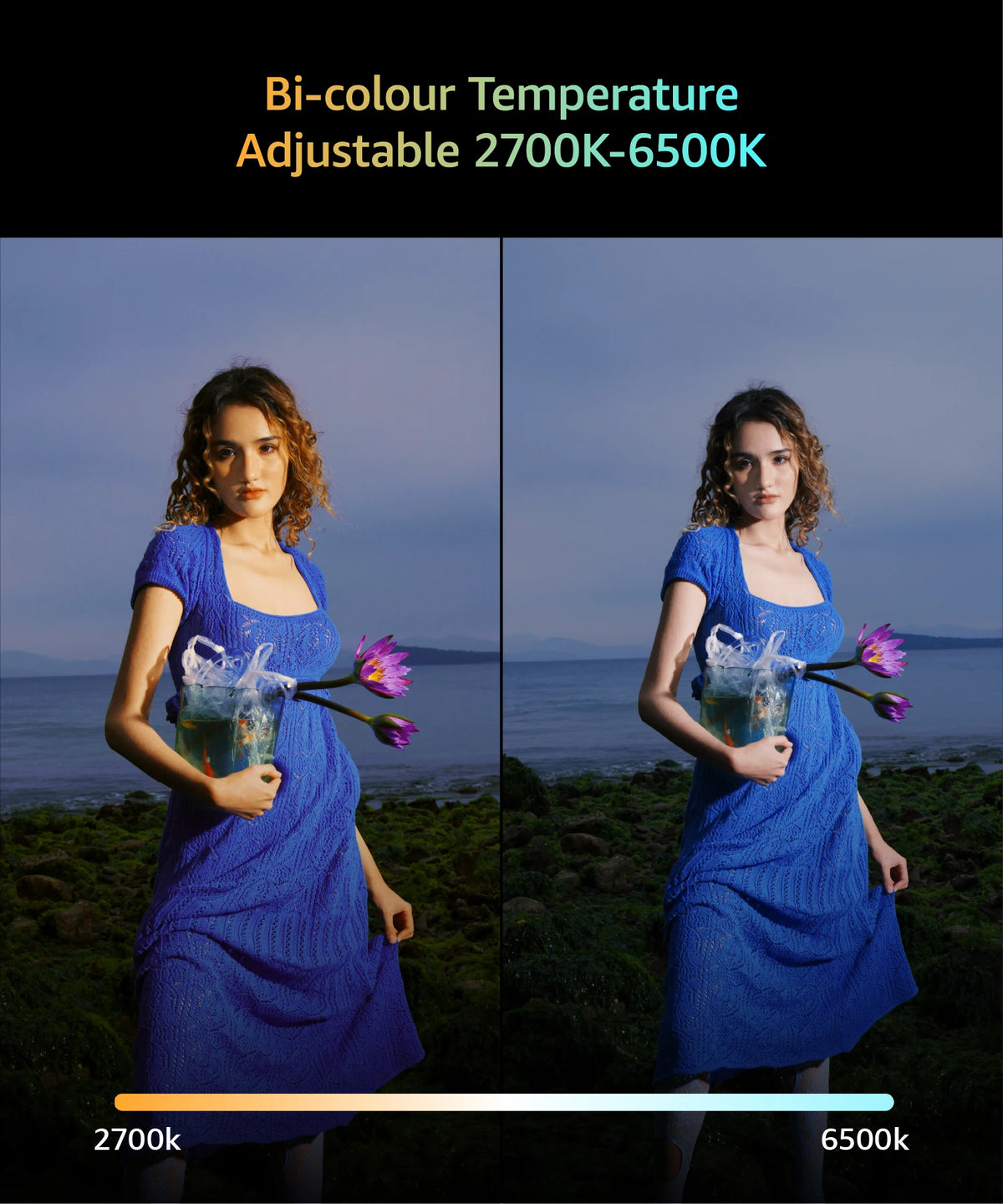 A woman wearing a blue dress holds a glass of water with a light blue glow, demonstrating bi-colour temperature adjustment.