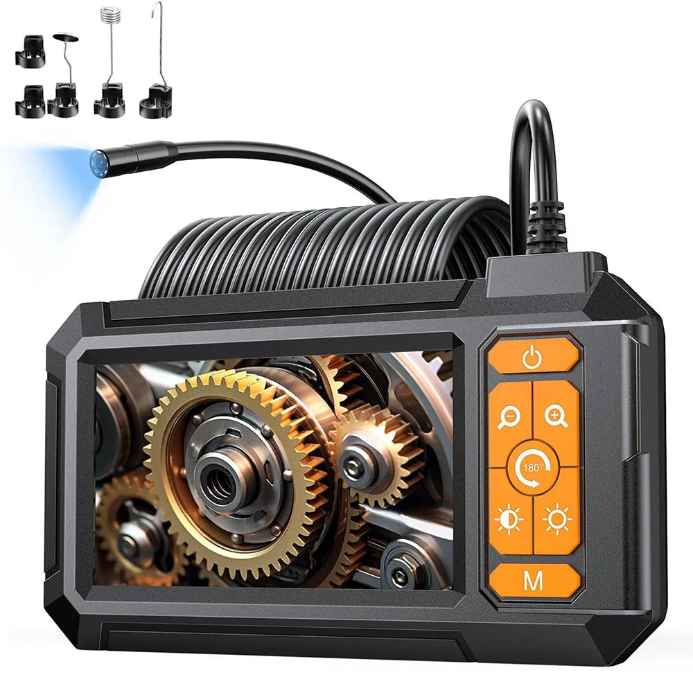 Endoscope industriel noir professionnel montrant la machinerie interne et une caméra flexible.