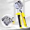 A yellow and black heavy-duty aluminum stud crimper tool is shown next to a close-up view of the tool's jaws.