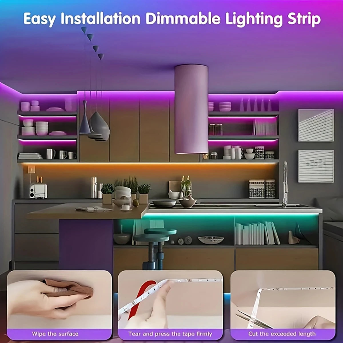 Tira de luz regulable púrpura y rosa instalada debajo de los gabinetes en una cocina moderna.