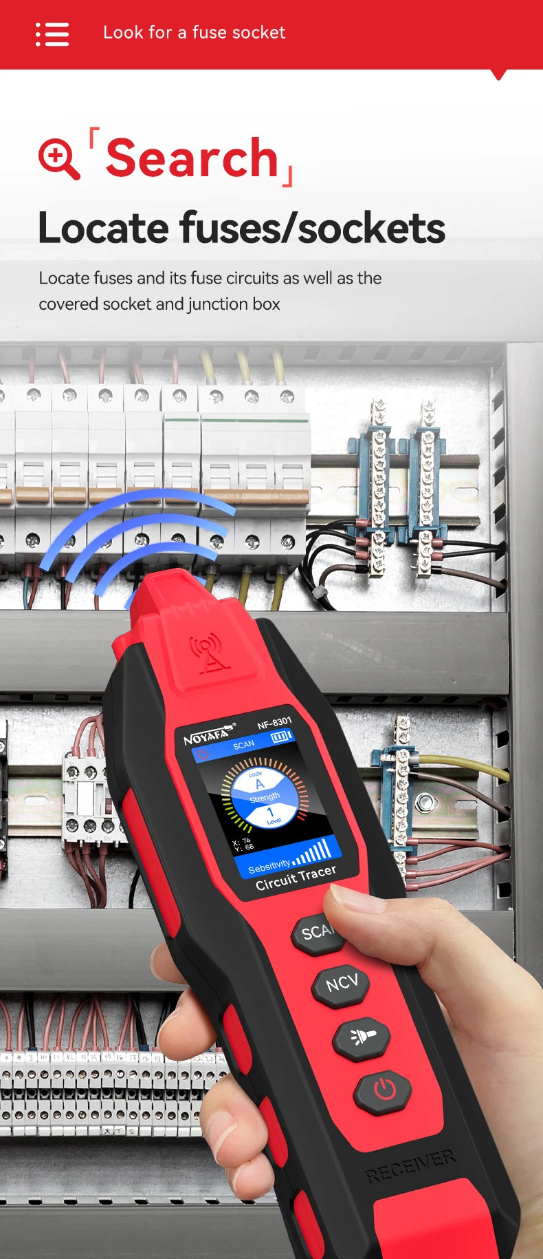 Eine Hand hält ein rotes Norafa-Zünd- und Steckdosenlokalisiergerät, das elektrische Verkabelung in einem Panel scannt.
