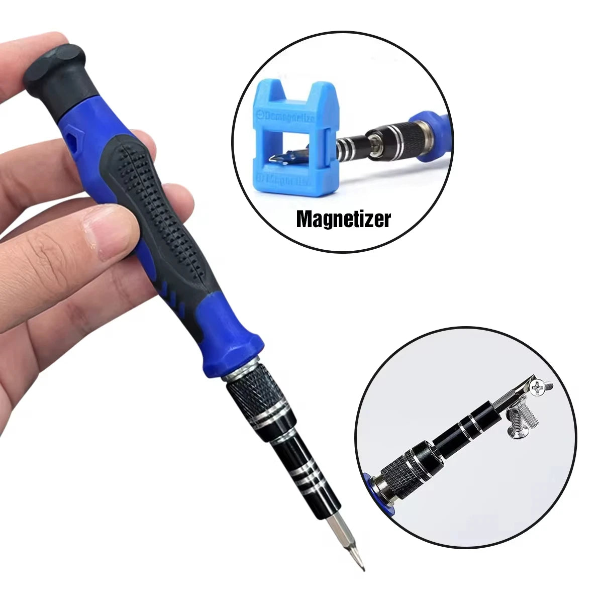 A precision screwdriver set with a magnetic tip and a magnetizer tool shown in detail.