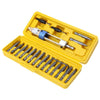 A yellow plastic box containing a set of multi-function countersunk drill bits and screwdrivers.
