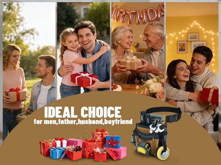 A yellow and black tool organizer pouch filled with various red, blue, and pink gift boxes.