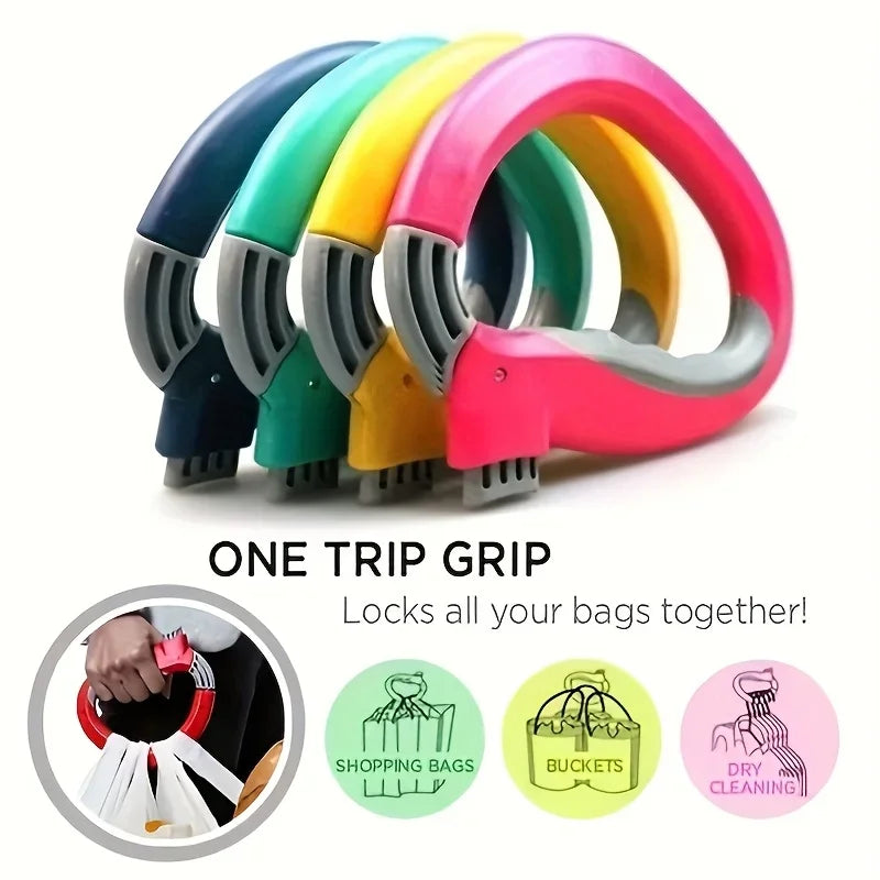 Un juego de agarraderas ergonómicas rosa y verde diseñadas para asegurar bolsas de la compra.