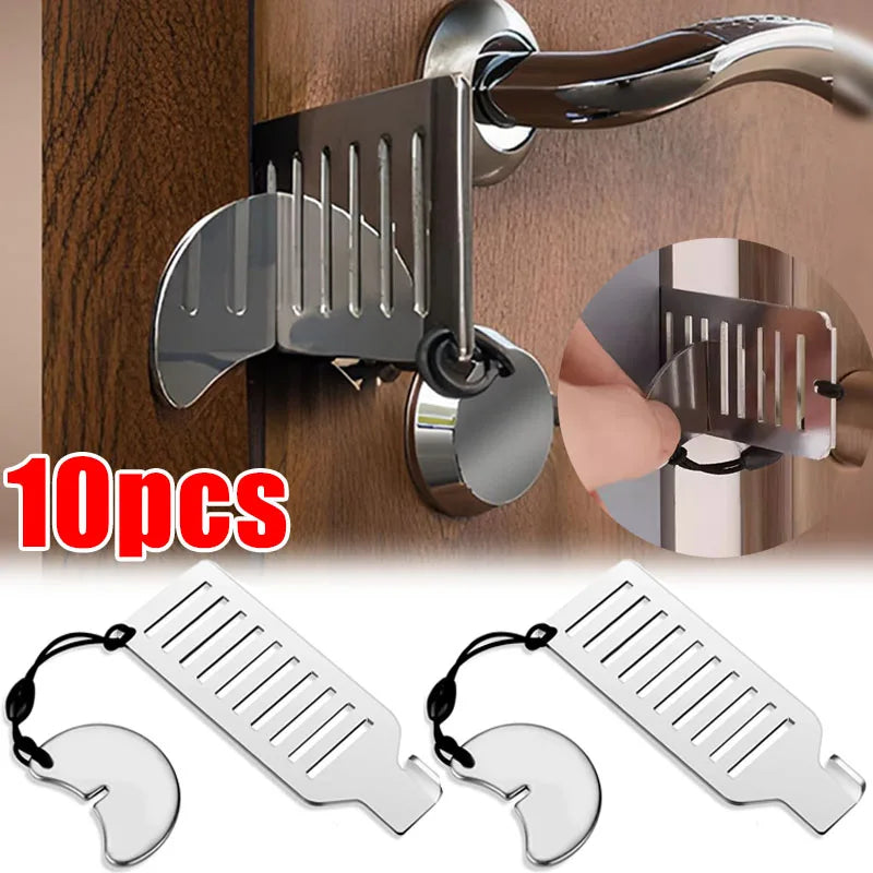 Ten silver portable door locks or door latch hardware for travel and security