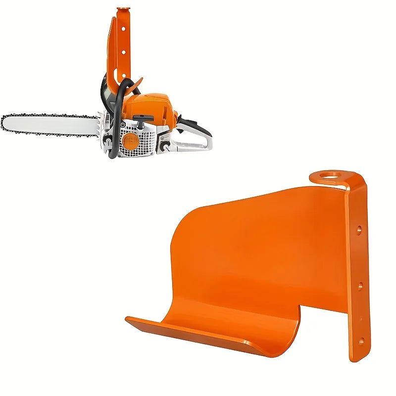 Orange metal chainsaw hook wall storage rack with a blade and mounting mechanism