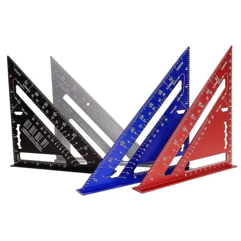 A set of three precision aluminum triangle rulers in black, silver, and red.