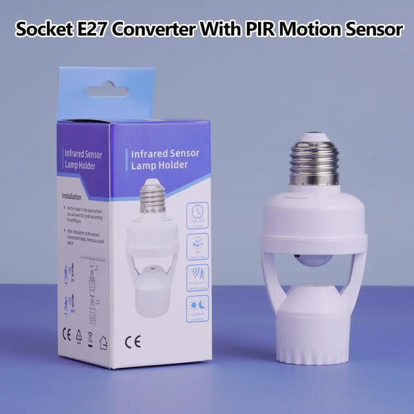 A box and a white infrared sensor lamp holder adapter for an E27 socket light bulb.
