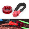 A set of heavy duty synthetic recovery shackles including a red shackle and a black synthetic rope.