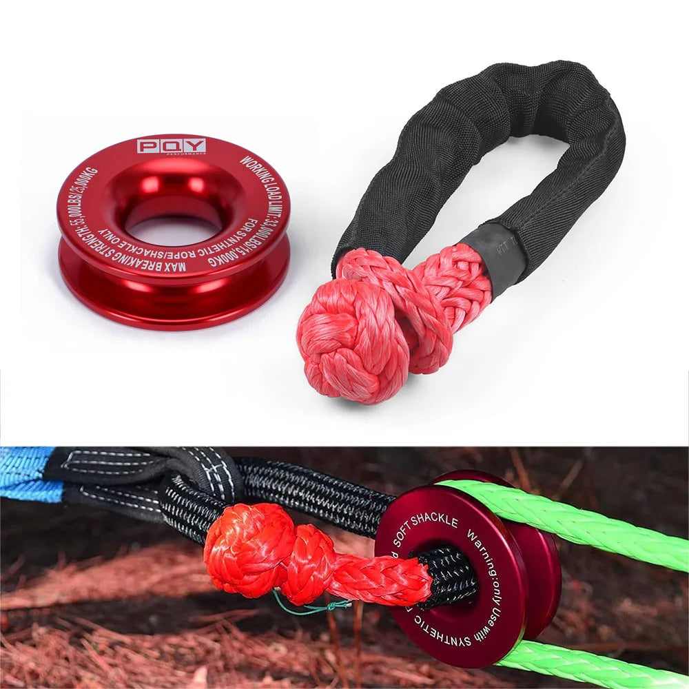 A set of heavy duty synthetic recovery shackles including a red shackle and a black synthetic rope.