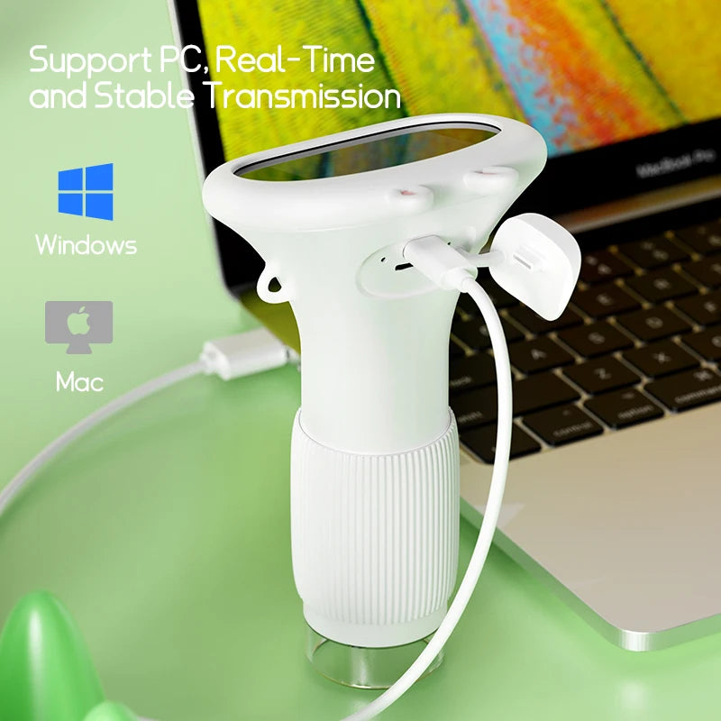 A white pocket digital microscope is shown with a cable, next to a laptop displaying operating system logos.