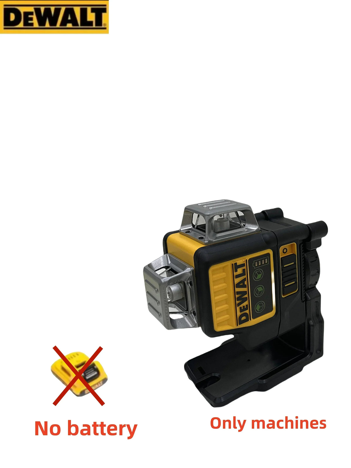 A yellow and black DEWALT laser level tool with a battery compartment, shown against a white background.