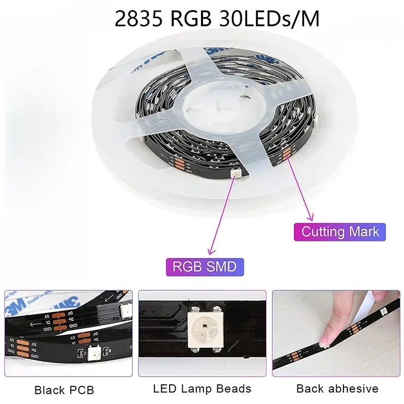 لفة من 2835 مصباح LED RGB 30 ليد/م شريط مع علامة قطع، تُظهر لوحة الدوائر السوداء، وحبات مصابيح LED، والمادة اللاصقة الخلفية.