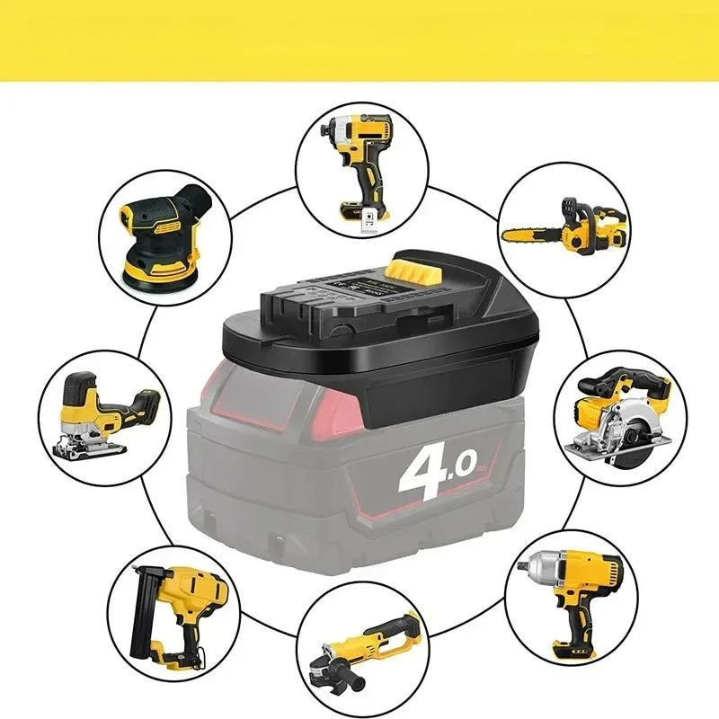 A collection of various battery adapters and tools for converting Milwaukee to Dewalt power tools.