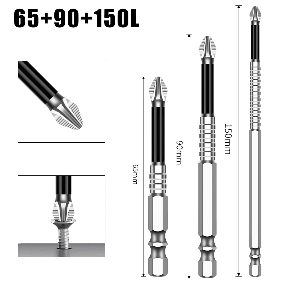 A set of three precision magnetic drill bits with sizes 65, 90, and 150 long.