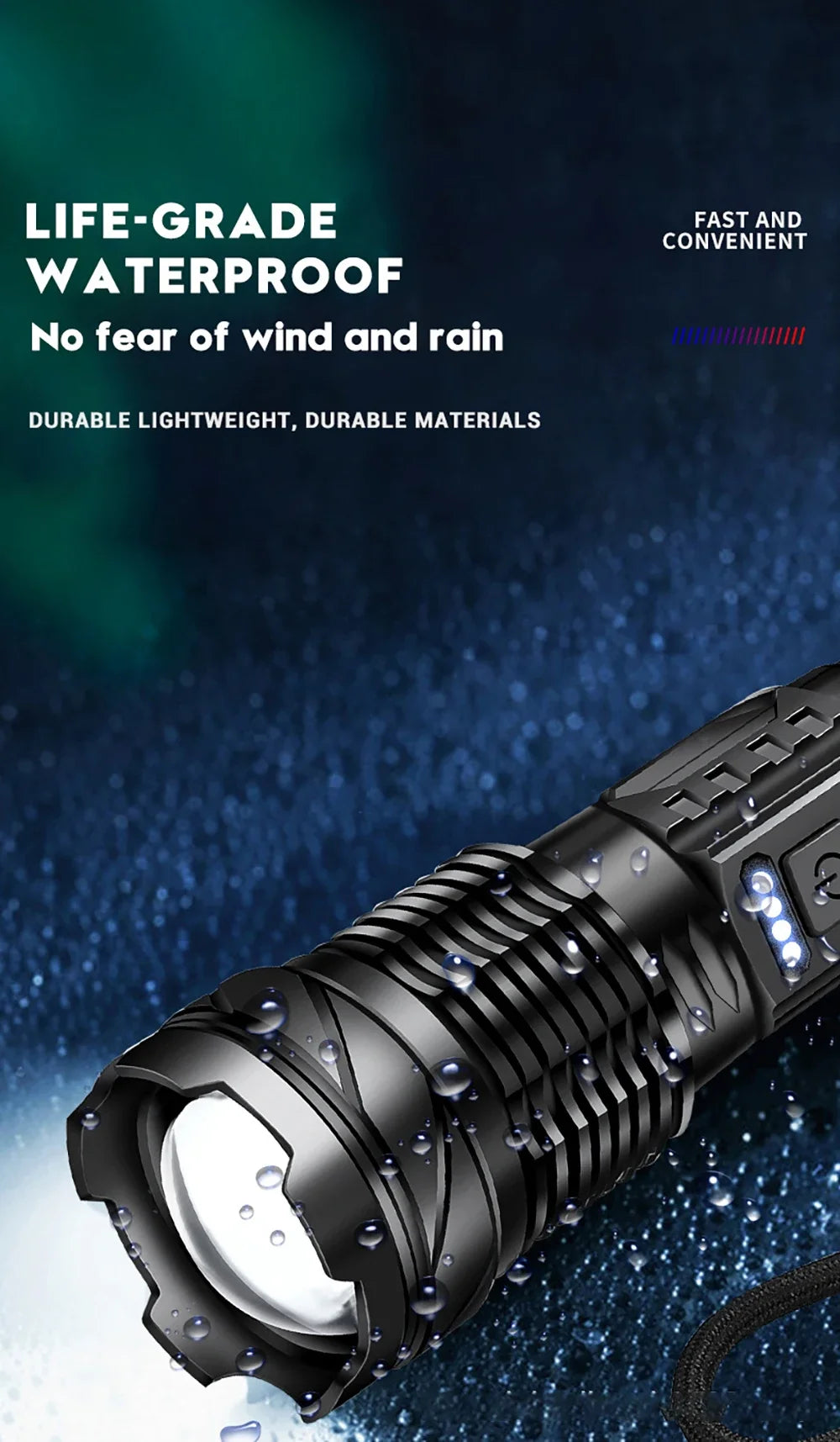 A close-up view of a black tactical flashlight with a bright LED beam, showing water droplets on the surface.