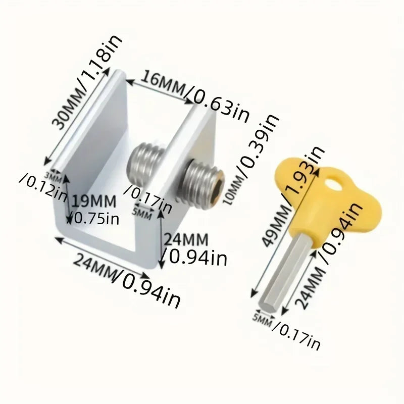 A silver sliding window sash lock stopper with various dimensions and a yellow key.