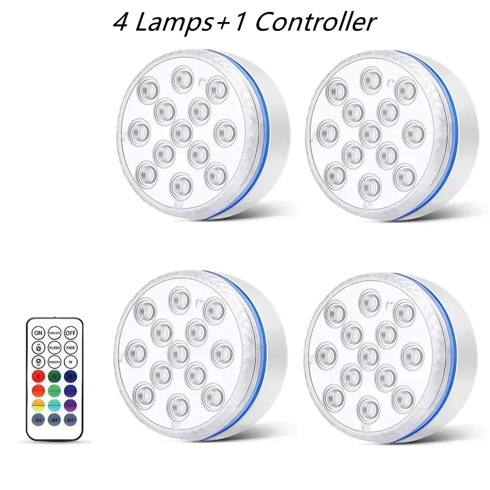 Quatre lumières LED sous-marines pour piscine et un contrôleur pour éclairage sous-marin.