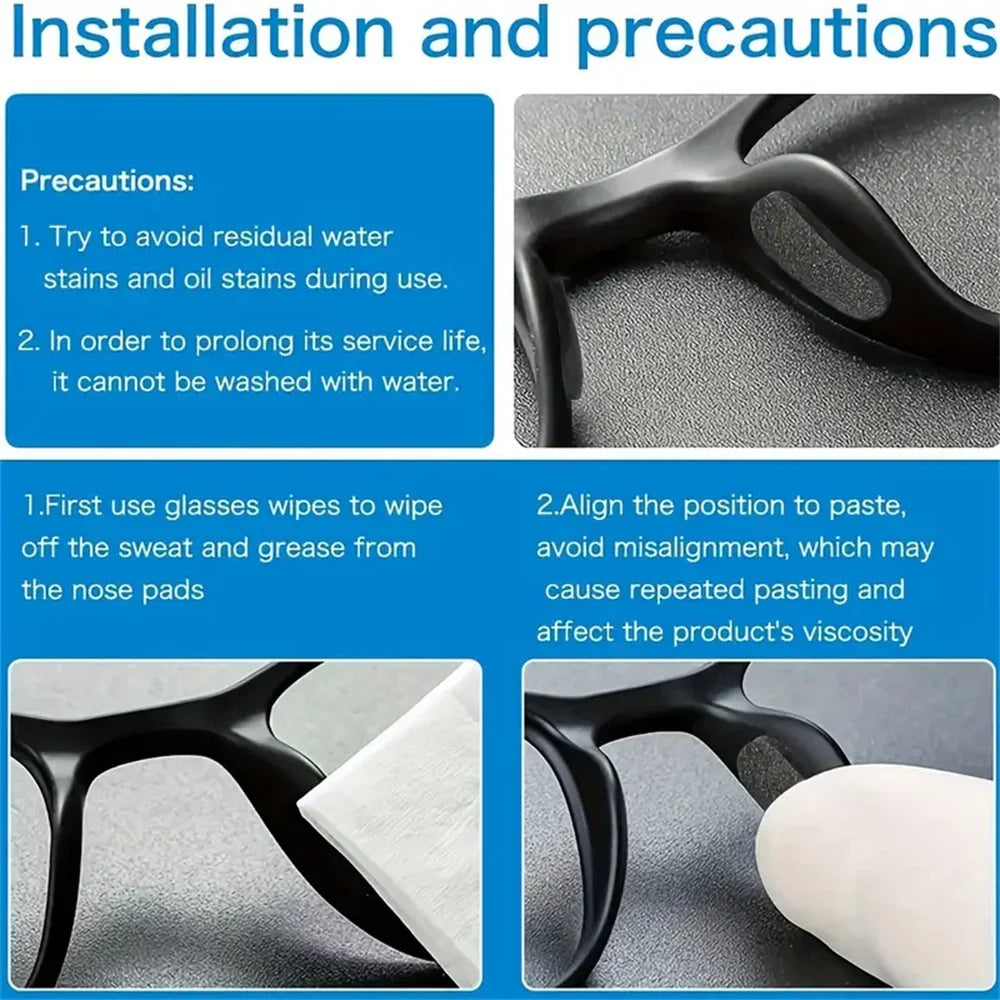 Installation and precautions showing how to use self-adhesive anti-slip nose pads for eyeglasses.