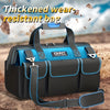 A black and blue thickened wear-resistant bag with multiple compartments shown against a textured background.