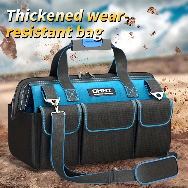 A black and blue thickened wear-resistant bag with multiple compartments shown against a textured background.