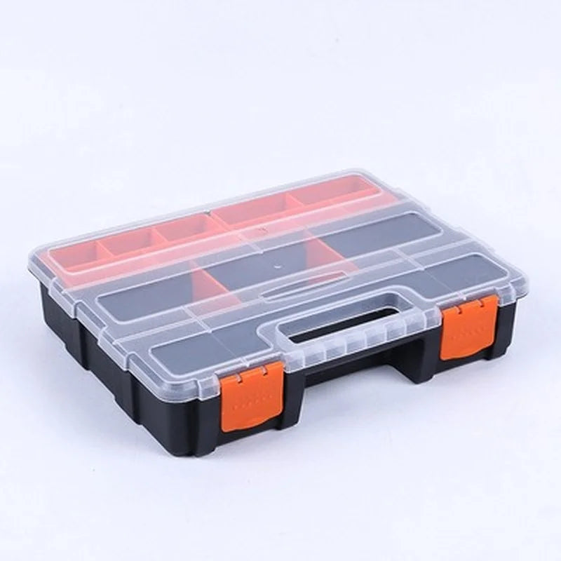 A black plastic hardware organizer box with orange accents, featuring multiple compartments for storage.