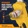 Close-up of a yellow electric tool featuring an upgraded high power pure copper motor for increased torque and efficiency.