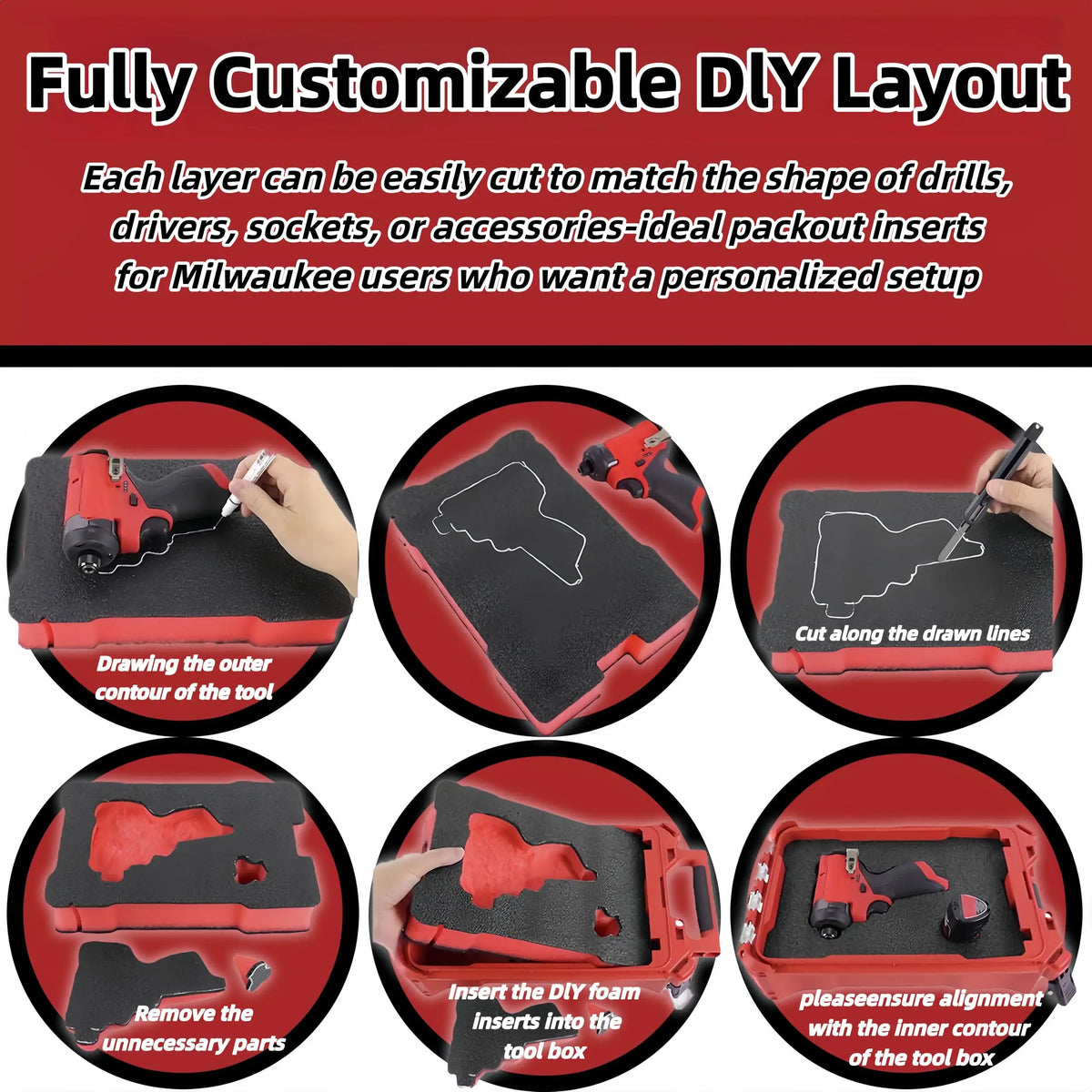 Fully customizable DIY layout foam inserts for Milwaukee tool boxes showing how to cut and insert them into the tool box