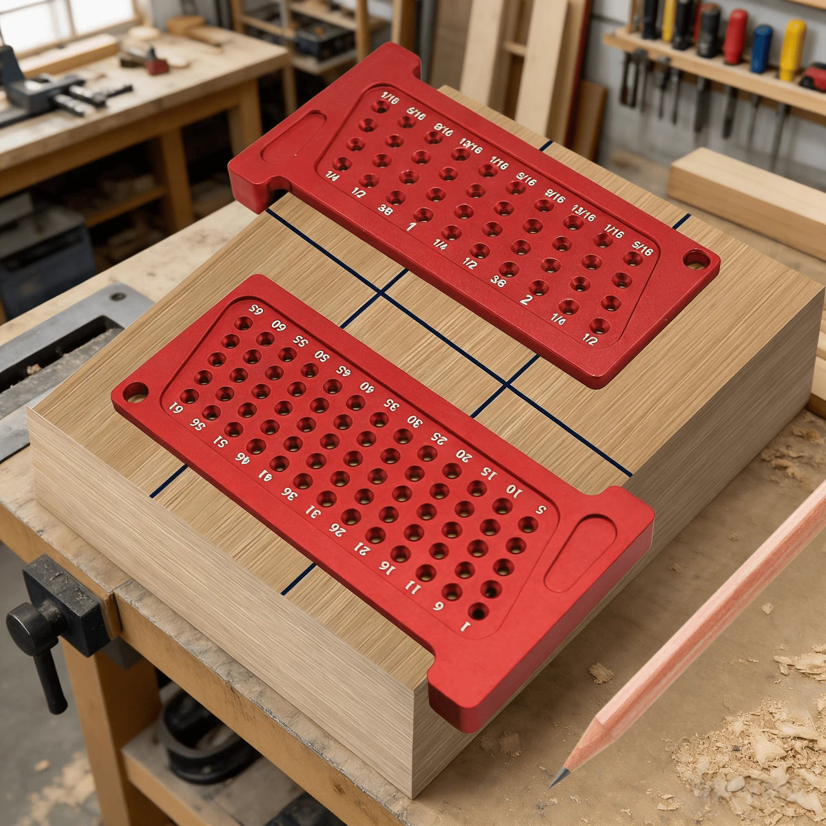 A precision red T-square ruler with multiple markings is displayed on a wooden workbench.