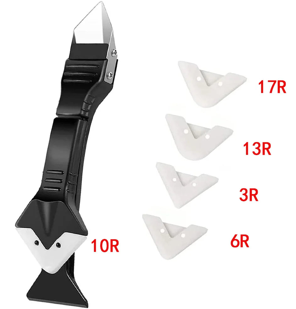 A silicone caulking and sealing tool kit with multiple sizes, including 17R, 13R, 3R, 10R, and 6R, displayed on a black handl