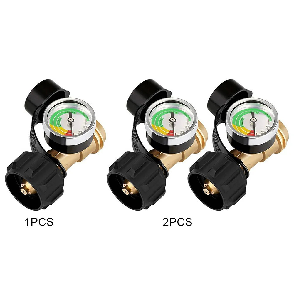 Two black propane tank pressure gauges with brass fittings and clear dials for grills and RVs