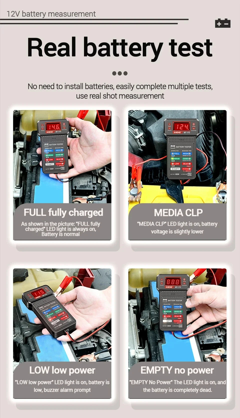 Digitaler Autoakku-Tester zeigt verschiedene Testergebnisse wie voll geladen, geringe Leistung und leer