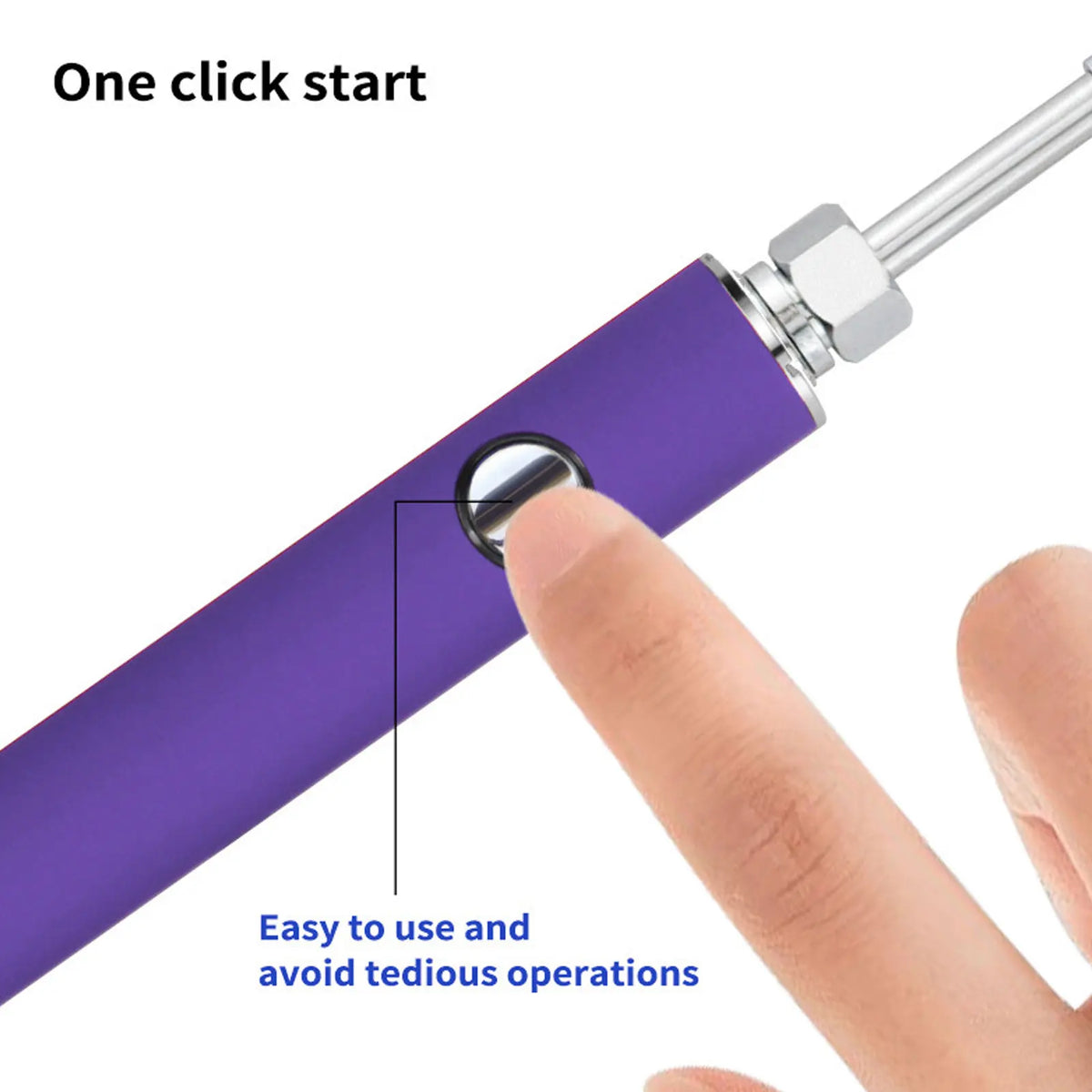 A purple portable mini soldering iron kit is shown with a finger activating the one-click start feature.