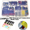 A clear plastic box containing 240 pieces of HID waterproof connectors and a blade fuse, along with loose connectors and a fu