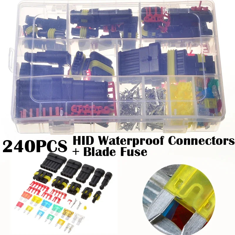A clear plastic box containing 240 pieces of HID waterproof connectors and a blade fuse, along with loose connectors and a fu