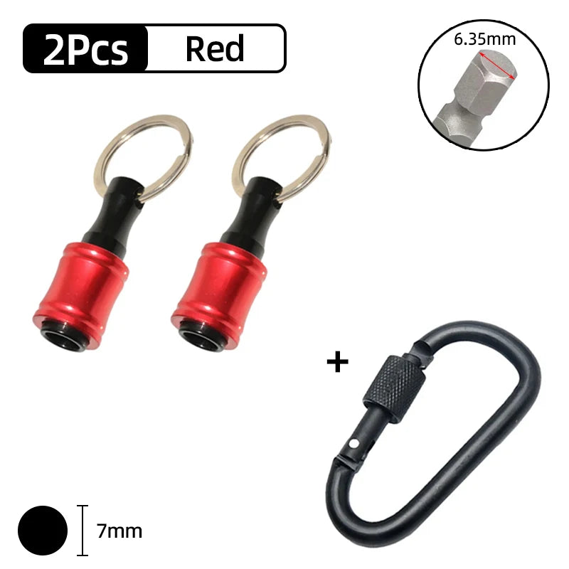 Two red screwdriver bit holders with metal rings and a hex shank, plus a 6.35mm hex key.