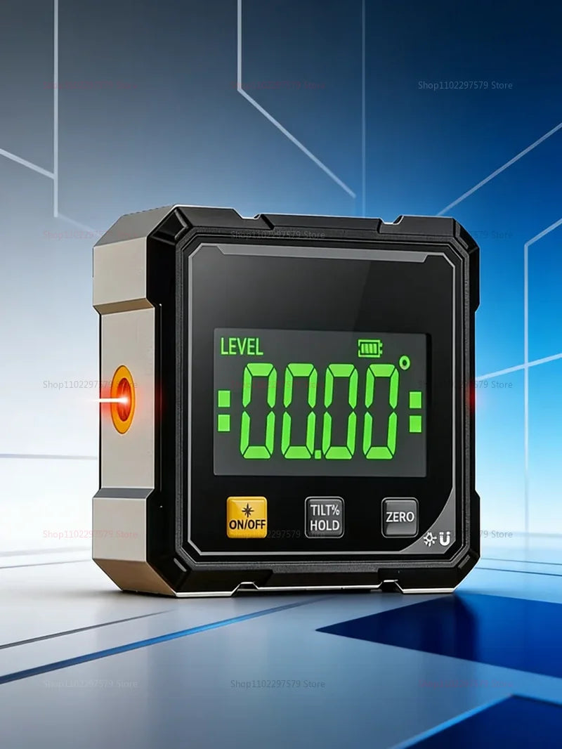 A black and silver digital angle finder device with a green display showing level and tilt functions.