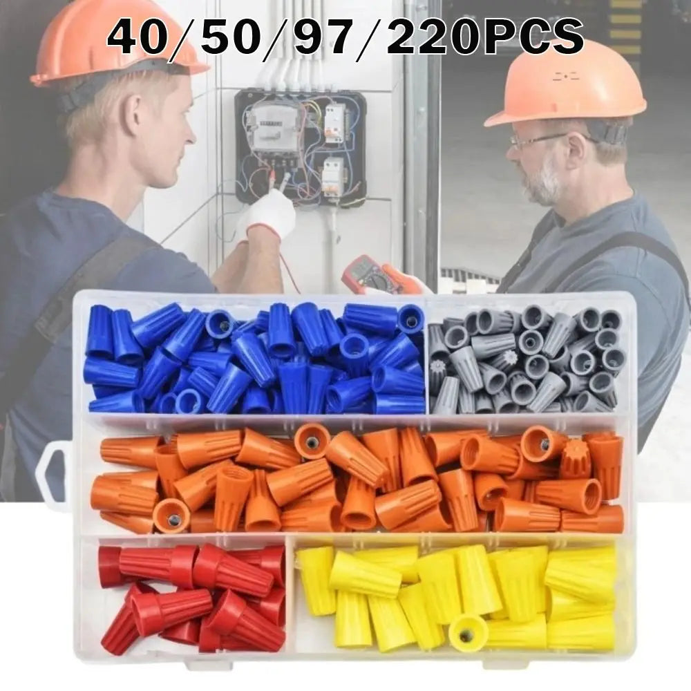 A collection of insulated wire connector nuts in various colors including blue, black, orange, and yellow are displayed in a 