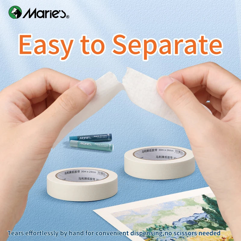 Hands are separating precision paper masking tape from a roll for convenient dispensing.