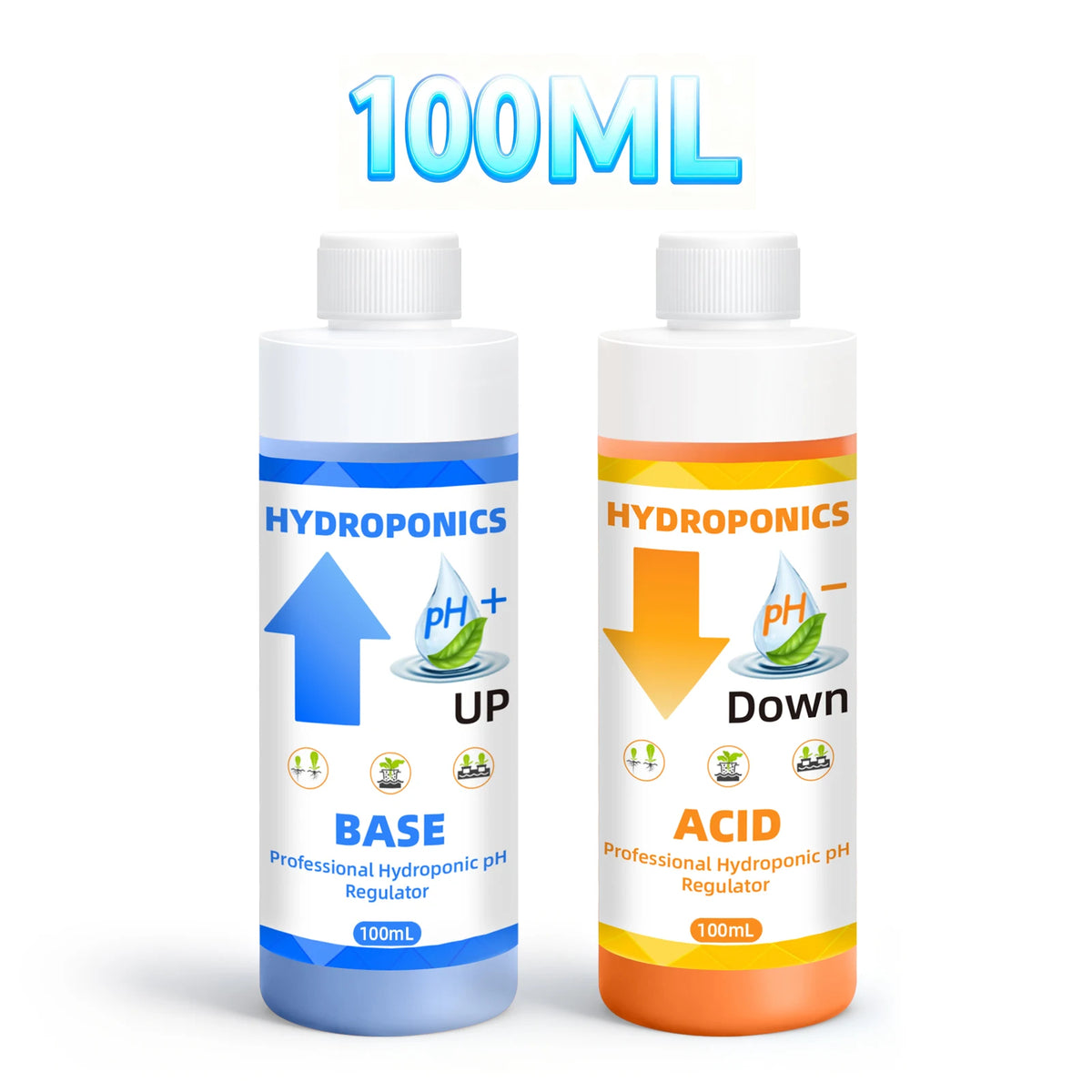 Dos botellas de 100ml de ajustadores de pH hidropónicos, una etiquetada como UP (Base) y otra como DOWN (Ácido).