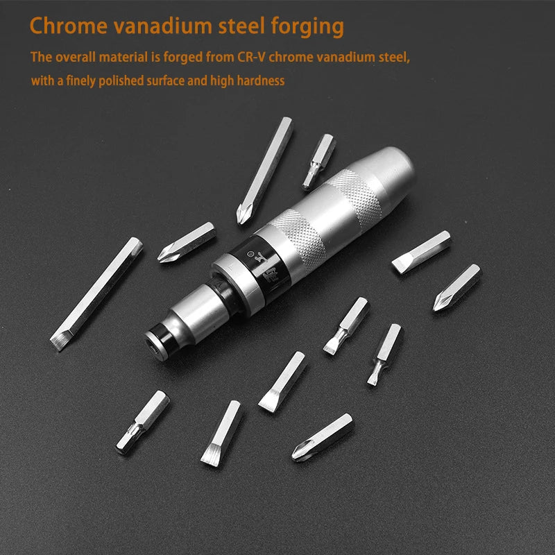 A set of chrome vanadium steel forging impact screwdrivers with various tips displayed on a dark background.
