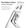 Close-up of a silver precision acrylic nail clipper showing the sharp blade and cutting mechanism.