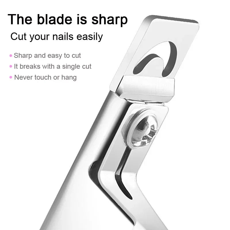 Close-up of a silver precision acrylic nail clipper showing the sharp blade and cutting mechanism.