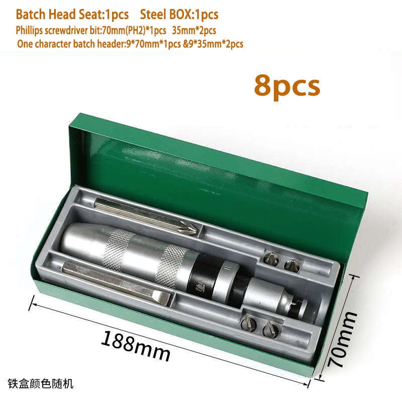 A green box containing an 8-piece batch head set of Phillips and flathead screwdrivers.