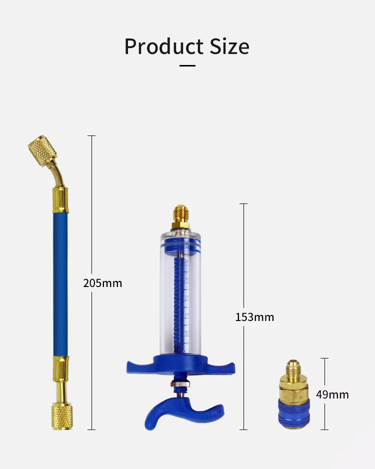 A precision oil and dye injector kit showing various components like a long blue syringe, a small injector, and a threaded fi