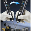A pair of precision control soldering irons are shown being held by gloved hands, with a circuit board visible below.