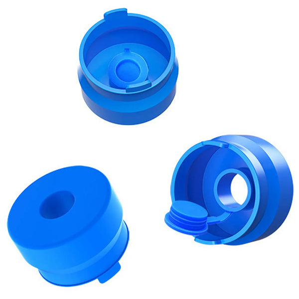 Three views of blue reusable silicone bottle lids for water jugs showing different angles and components.