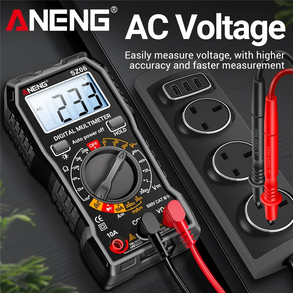 A black digital multimeter is shown next to a red test lead, demonstrating AC voltage measurement.