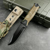 A full tang fixed blade knife with a textured handle is placed next to a green case on a gray surface.